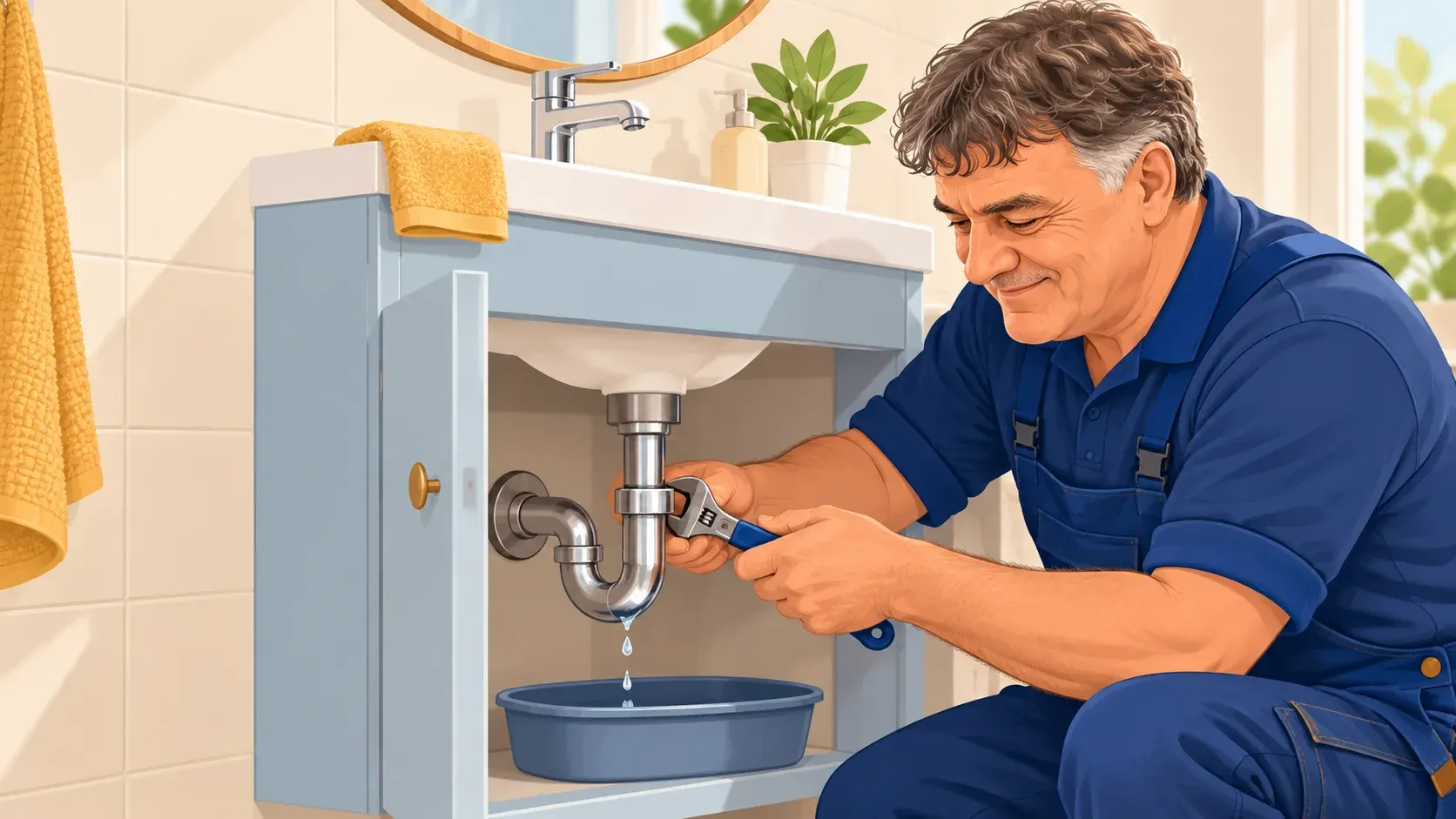 Illustration de Marcel intervenant sous un lavabo.