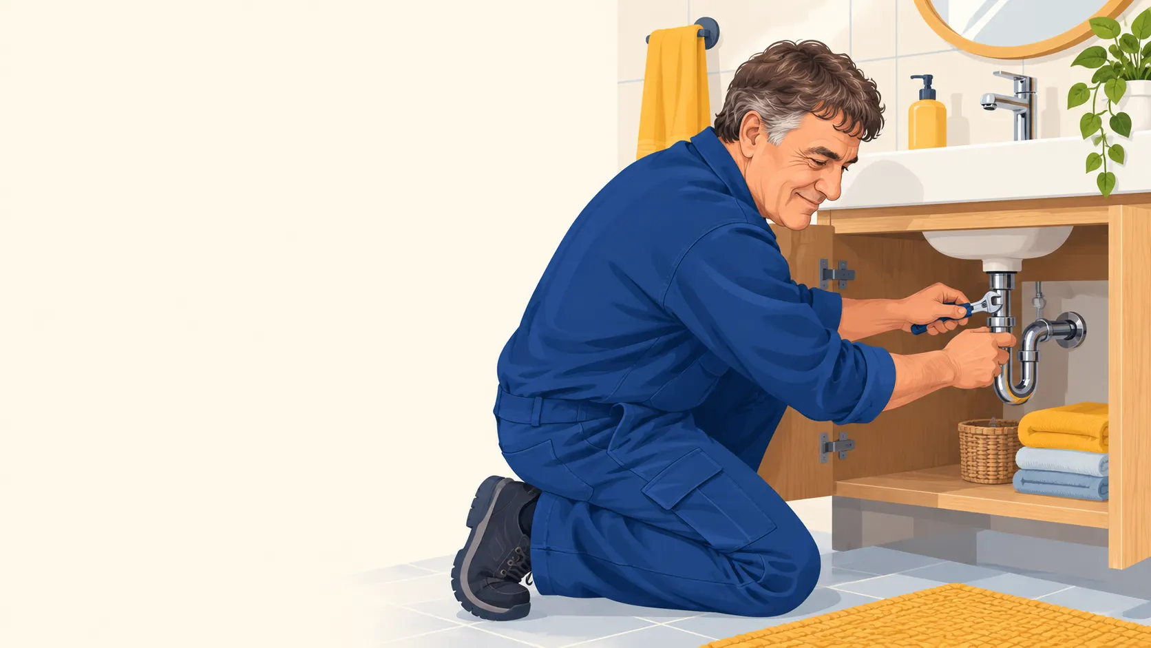 Illustration de Marcel au travail sur la plomberie sanitaire.