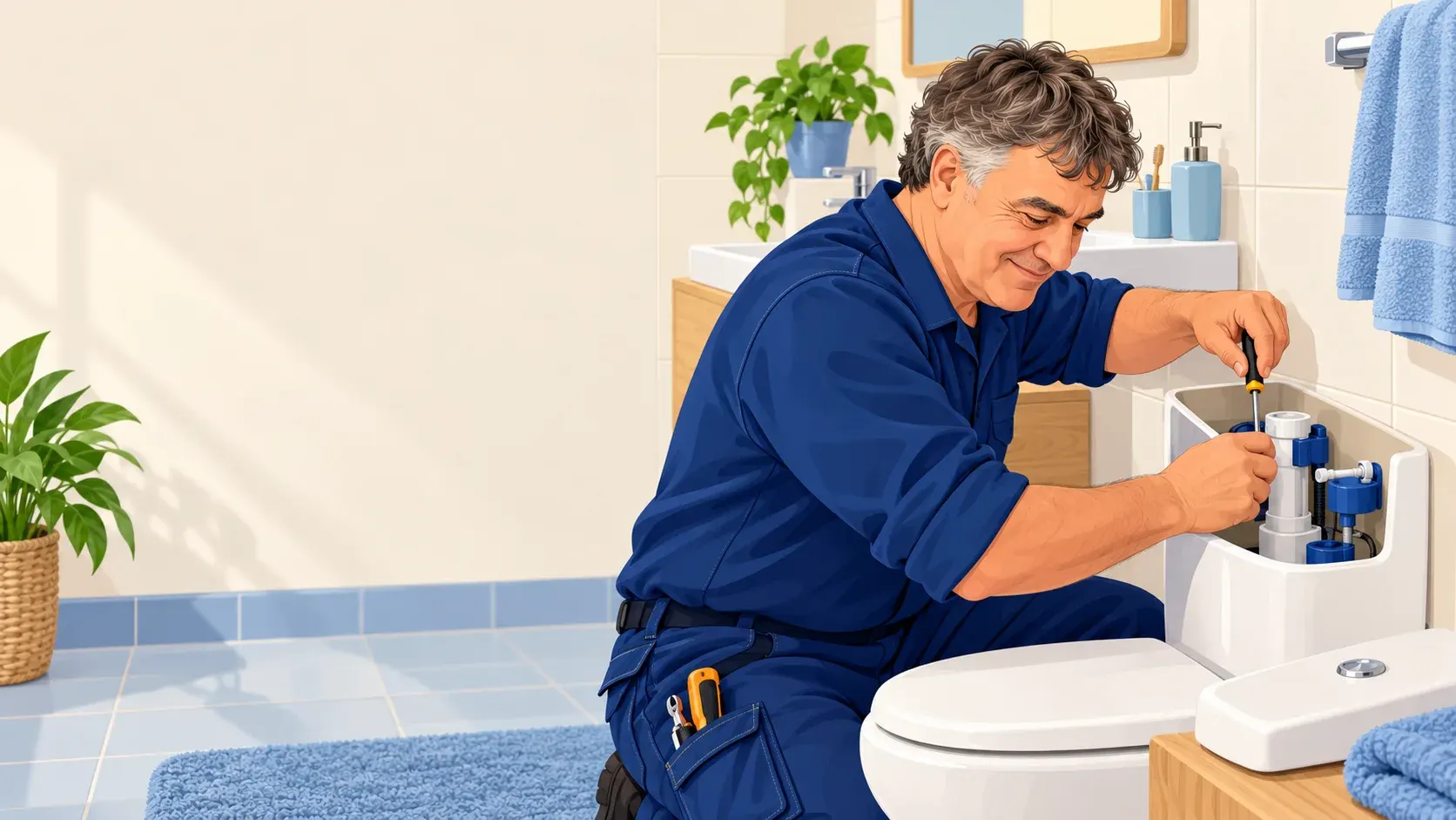 Illustration de Marcel au travail sur la plomberie sanitaire.