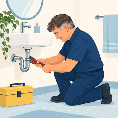 Illustration de Marcel, artisan plombier, préparant une intervention de plomberie.