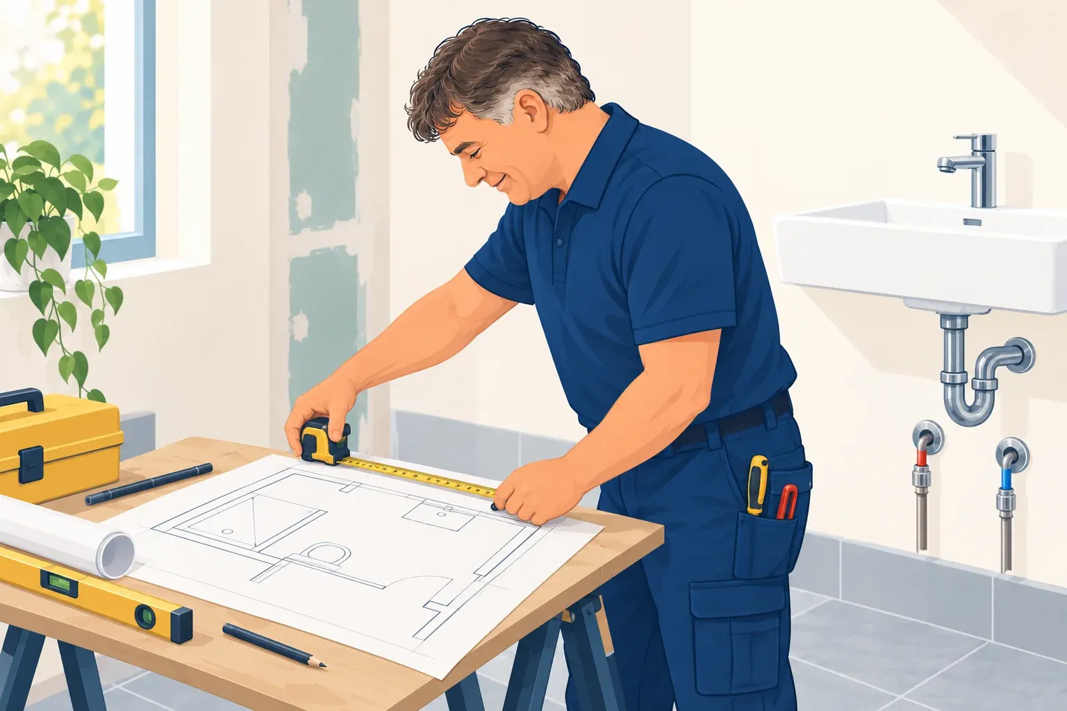 Illustration de Marcel préparant un plan pour des travaux de plomberie.