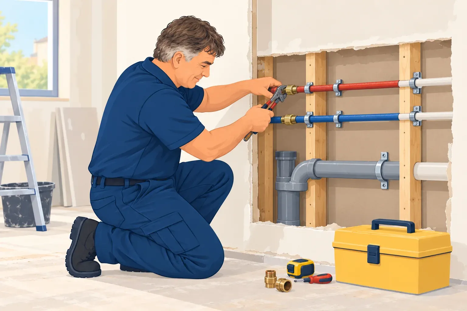 Illustration de Marcel travaillant sur des canalisations sanitaires.