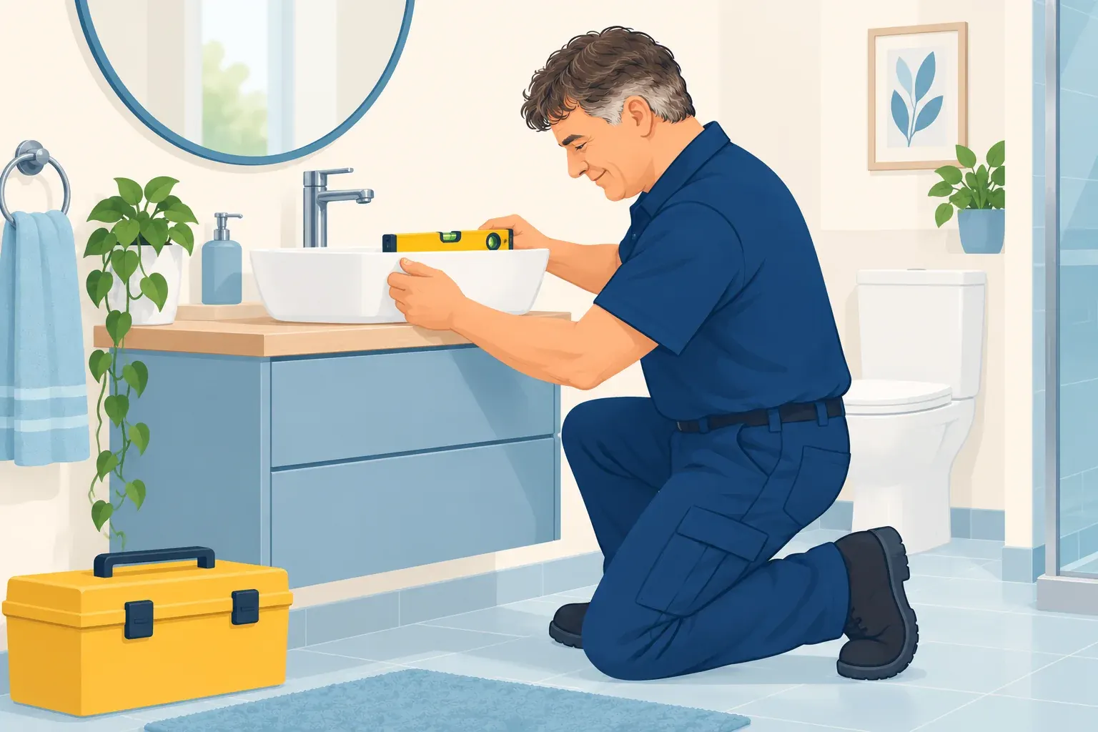 Illustration de Marcel ajustant la pose d’un lavabo dans une salle de bain.