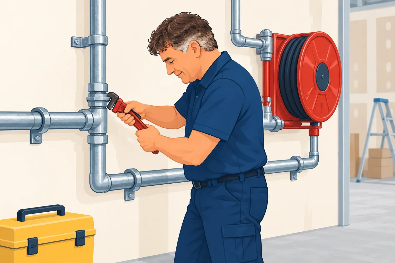 Illustration de Marcel travaillant sur une tuyauterie d’eau à proximité d’un robinet d’incendie armé (RIA).